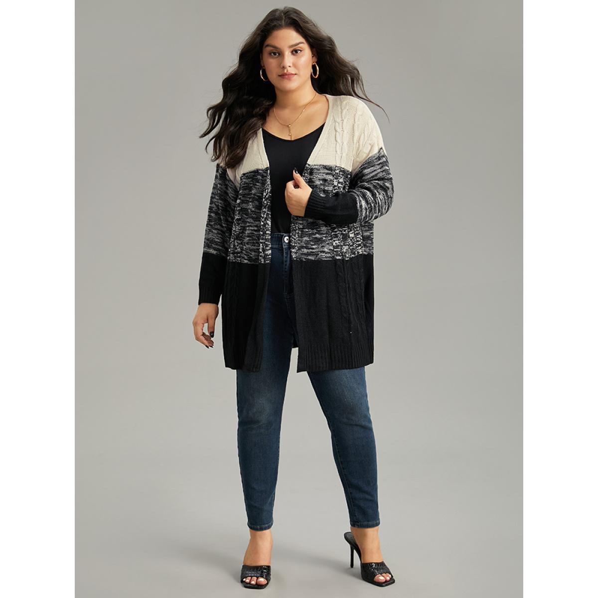 Plus Size Colorblock Contrast Heather Open Front Cardigan Black Women Casual Loose Long Sleeve Dailywear Cardigans BloomChic 14-16/1X Product Image
