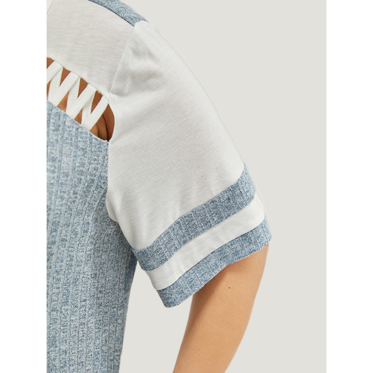 Plus Size Colorblock Contrast Pocket Crisscross Detail Rib Knit Dress Stone Women Casual Contrast Round Neck Short sleeve Curvy Midi Dress BloomChic 14-16/1X Product Image