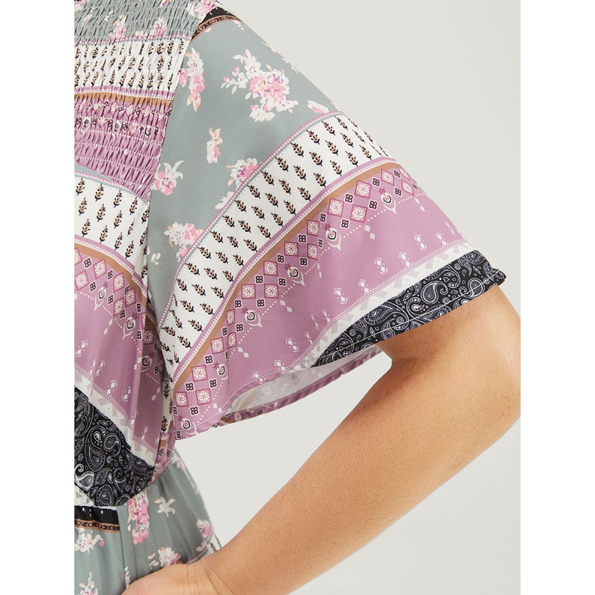 Plus Size Bandana Print Cut Out Tie Neck Pocket Shirred Striped Dress Multicolor Women Elegant Printed Keyhole Cut-Out Short sleeve Curvy Midi Dress BloomChic 14-16/1X Product Image