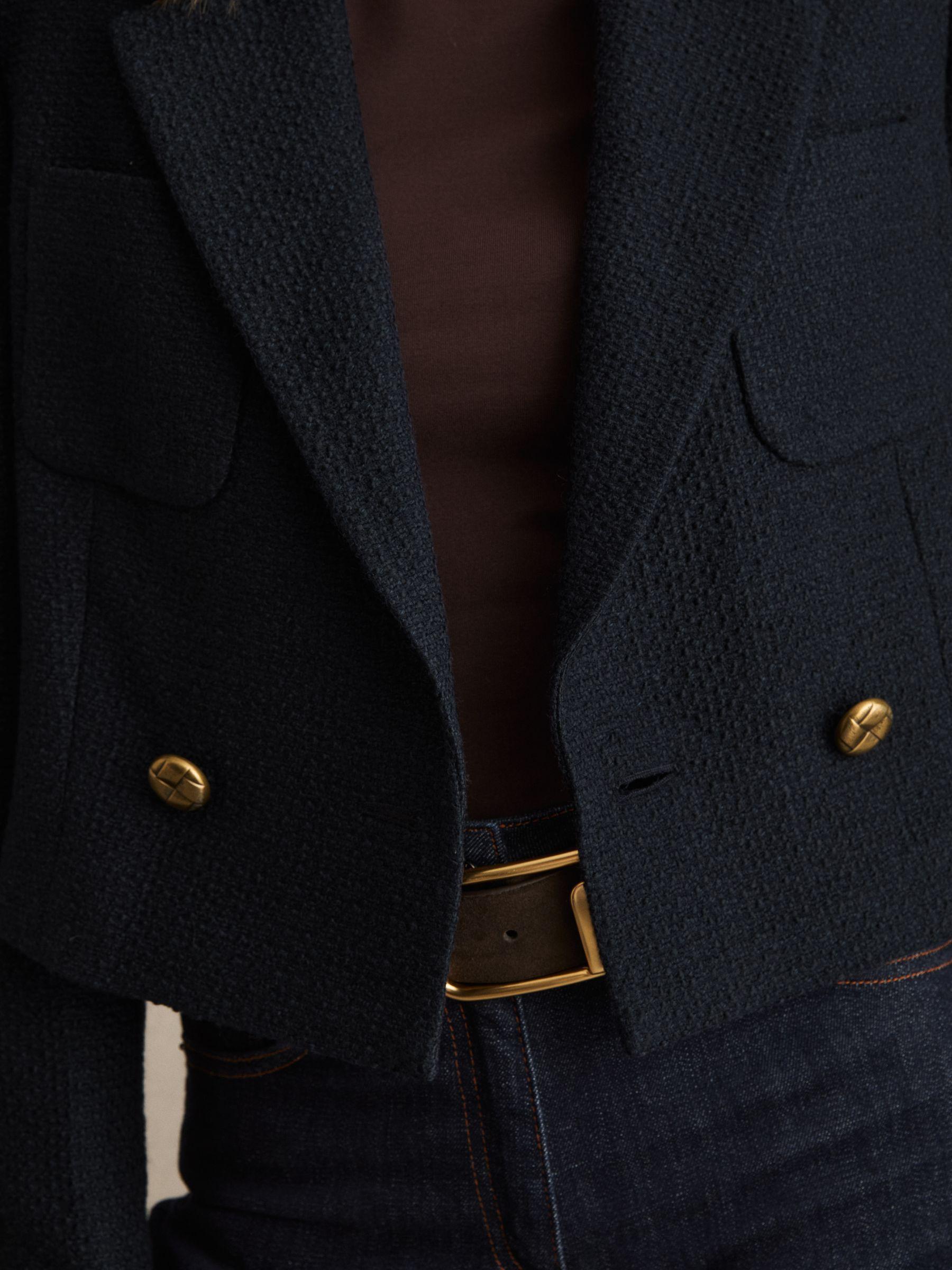 Double-Breasted Textured Cropped Blazer with Wool and Cotton in Navy Product Image