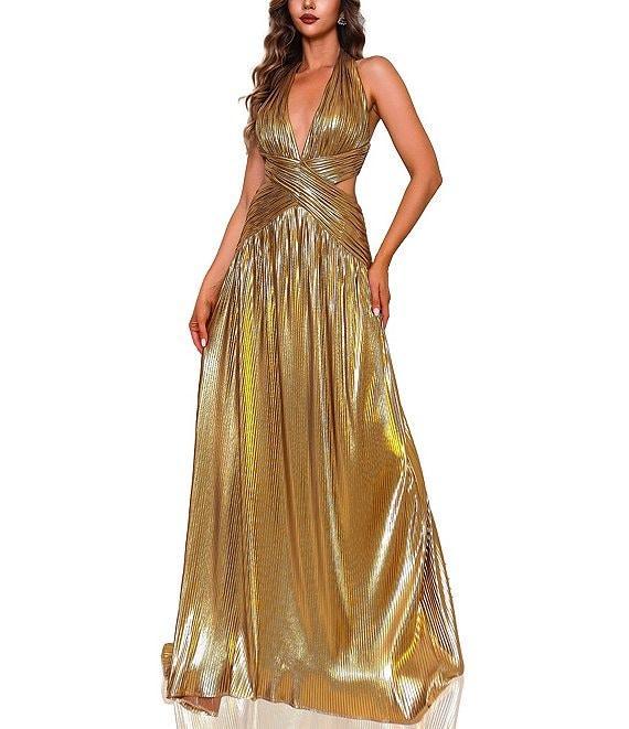 Terani Couture Halter Deep V-Neck Side Cut Out Foiled Chiffon A-Line Gown Product Image