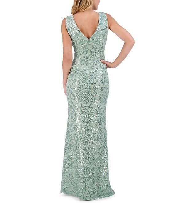 Eliza J Sequin Lace Boat Neck Sleeveless Ruffle Front Slit Gown Product Image
