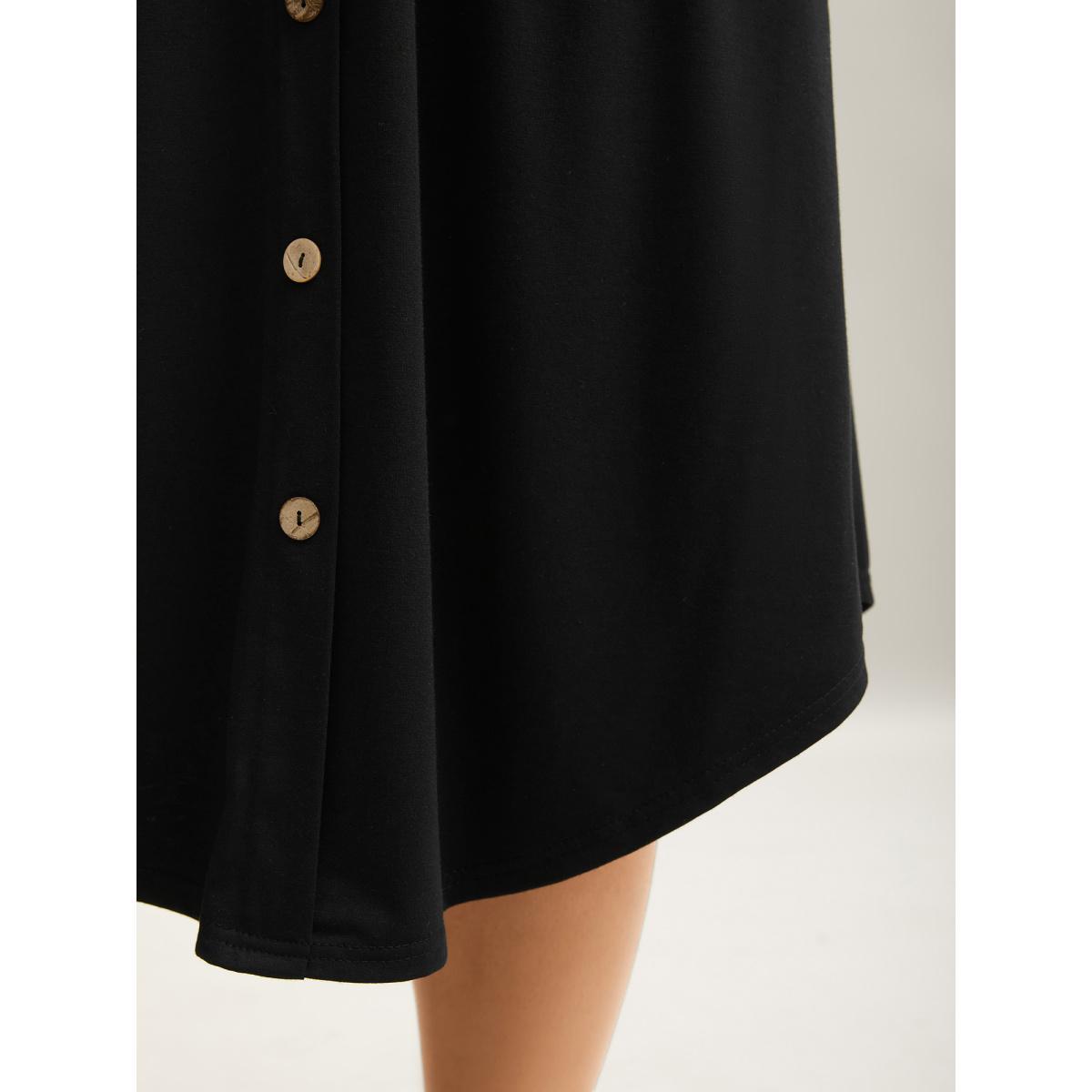 Plus Size Button Detail Hi-Low Hem Midi Skirt Women Black Elegant Bodycon Low stretch Side seam pocket Everyday Skirts BloomChic 18-20/2X Product Image