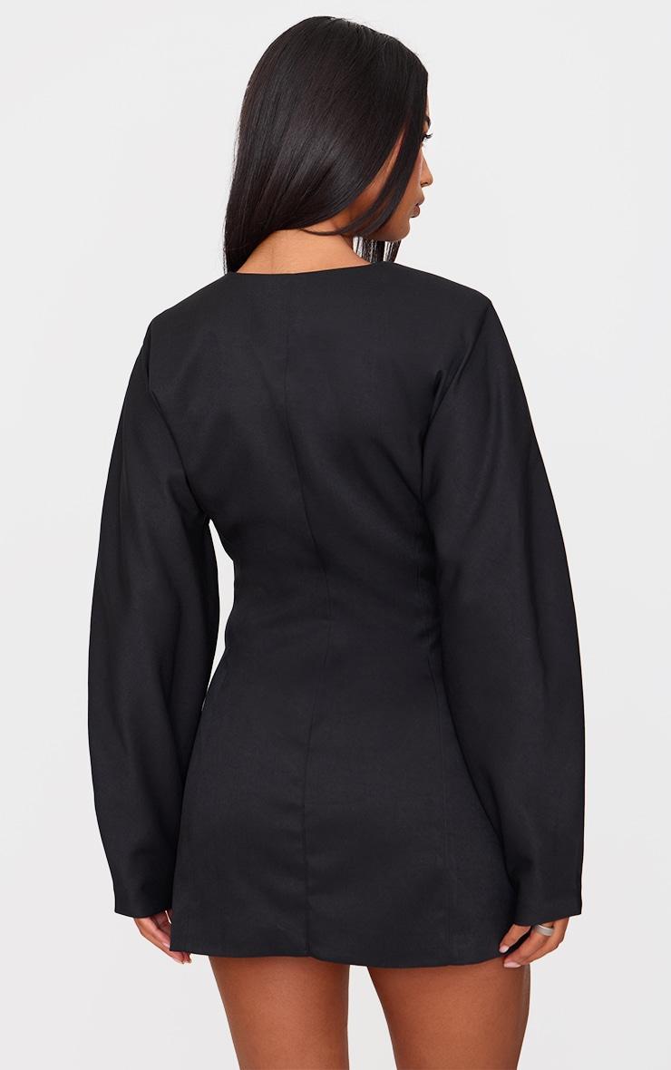 Black Woven Balloon Sleeve Collarless Blazer Dress Product Image