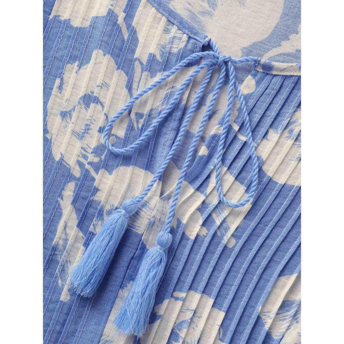 Plus Size LightBlue Floral Pleated Tassel Trim Lantern Sleeve Blouse Women Elegant Elbow-length sleeve V-neck Everyday Blouses BloomChic 26/4X Product Image