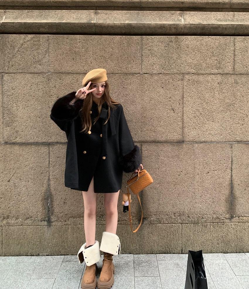 Furry-Trim Double-Breasted Wool Coat with Sash Product Image