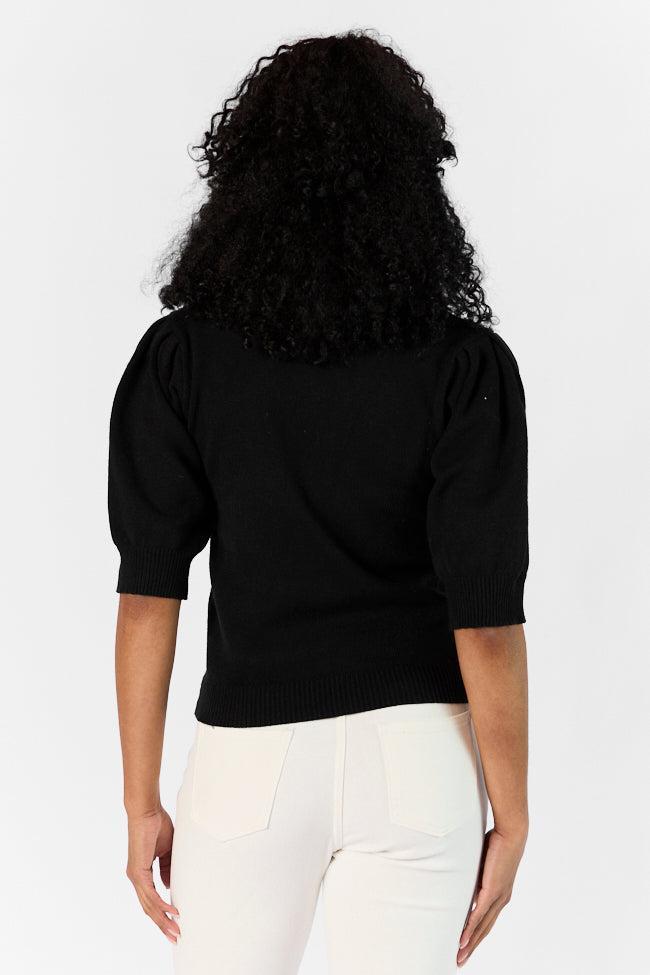 Around The Garden Black Floral Embroidered Lace Trim Short Sleeve Sweater SALE Product Image