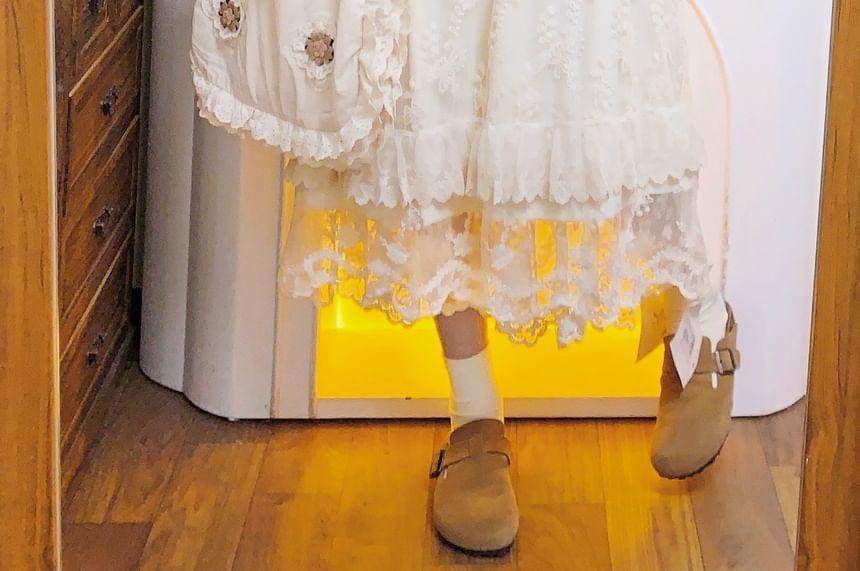 Long-Sleeve Collar Floral Lace Frog Button Midi A-Line Dress Product Image