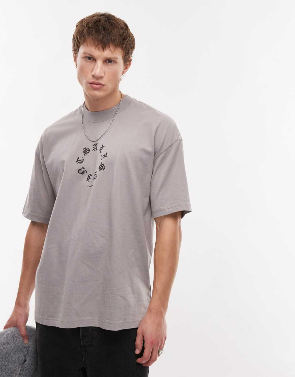 AllSaints Fraktur oversized t-shirt in stone Product Image