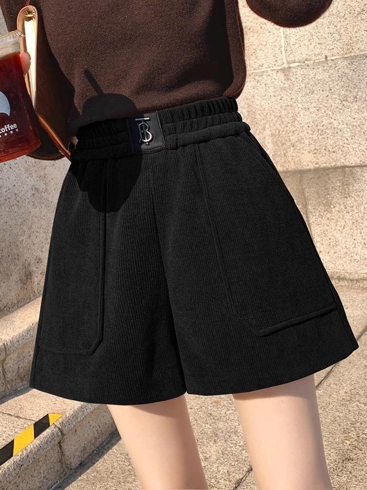 High Waist Plain Corduroy Wide Leg Shorts Product Image