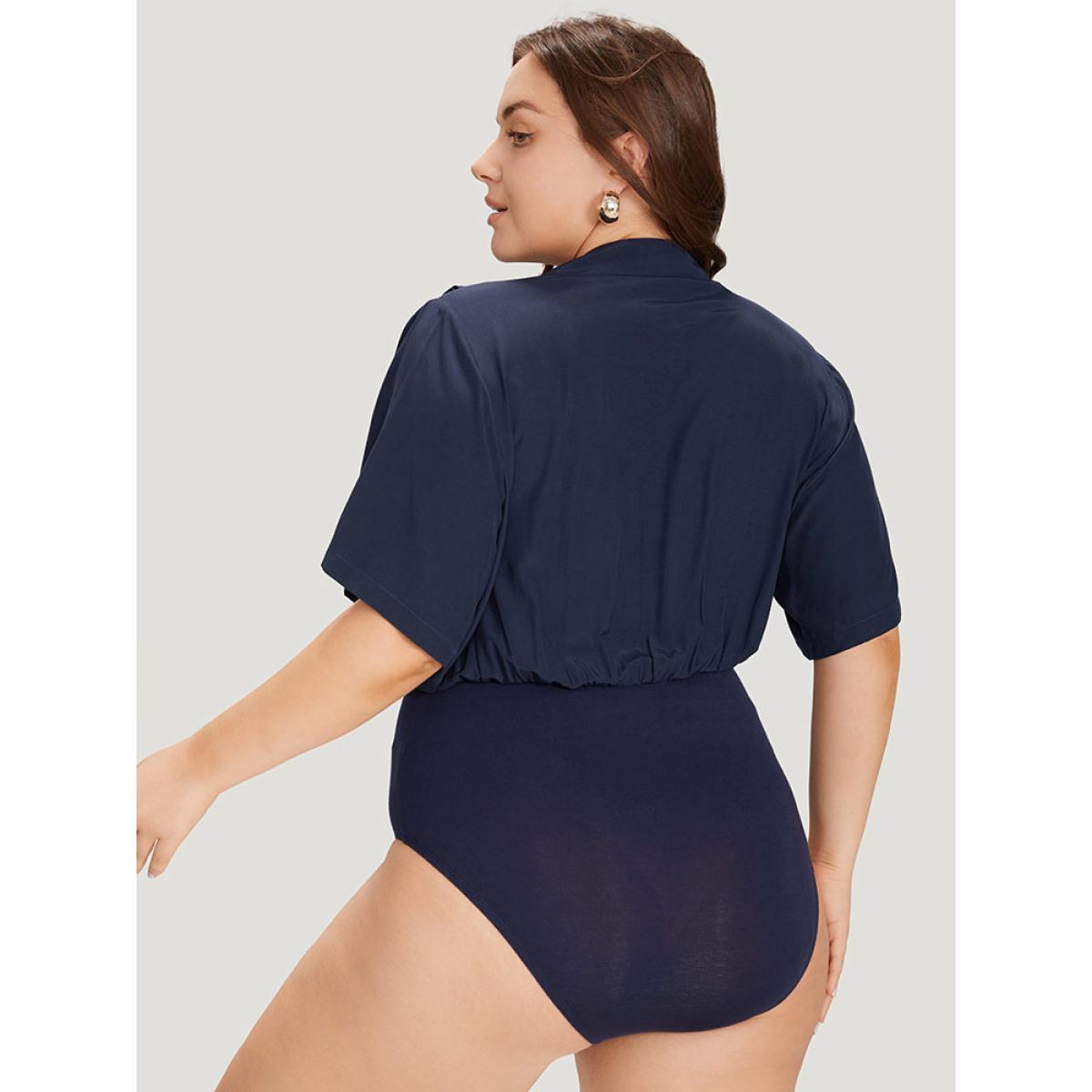 Plus Size Solid Overlap Collar Pleated Bodysuit Women Indigo Plain Wrap Bodysuits BloomChic 10/M Product Image