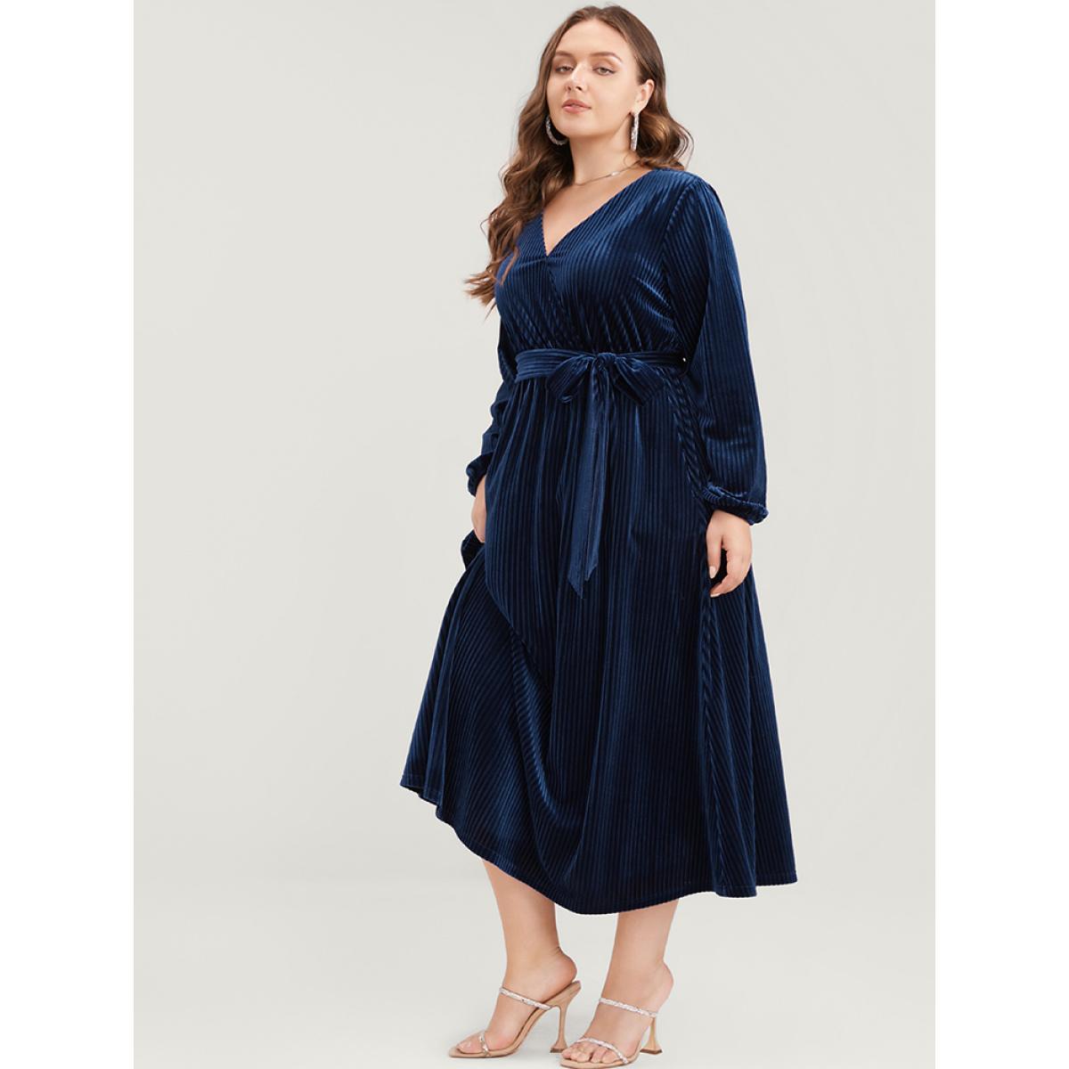 Plus Size Striped Velvet Pocket Lantern Sleeve Belted Wrap Dress DarkBlue Women Glamour Pocket V-neck Long Sleeve Curvy Midi Dress BloomChic 26/4X Product Image