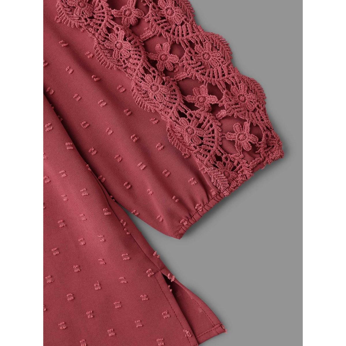 Plus Size Russet Lace Trim V-Neck Textured Blouse Women Elegant Long Sleeve V-neck Everyday Blouses BloomChic 14-16/1X Product Image