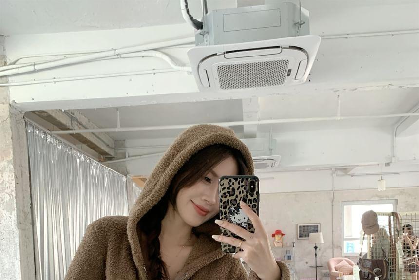 Hooded Plain Cardigan / High Waist Wide Leg Pants Product Image
