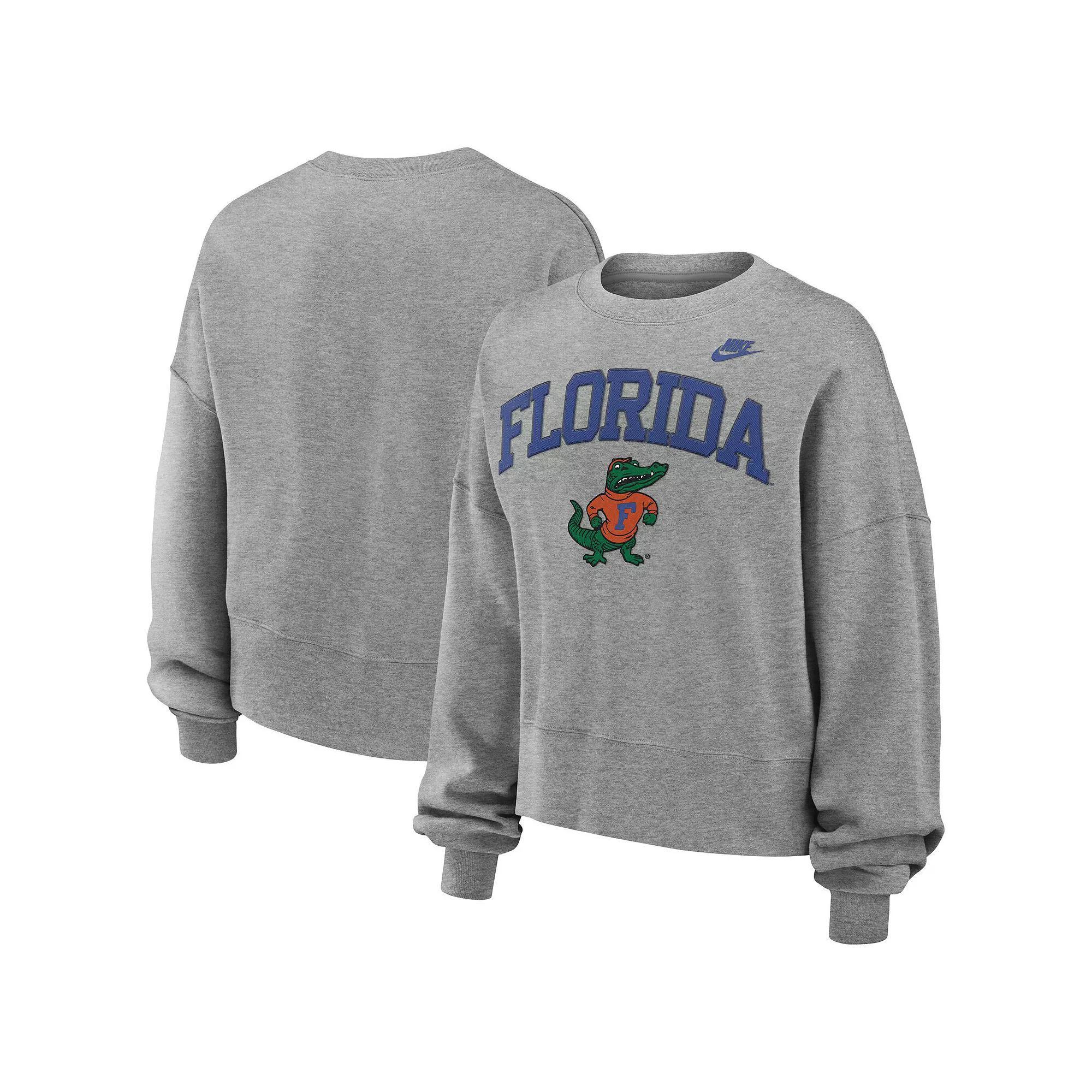 Womens Nike Heather Gray Florida Gators Legacy Fleece Classic Arch Oversized Cropped Tackle Twill Sweatshirt Product Image