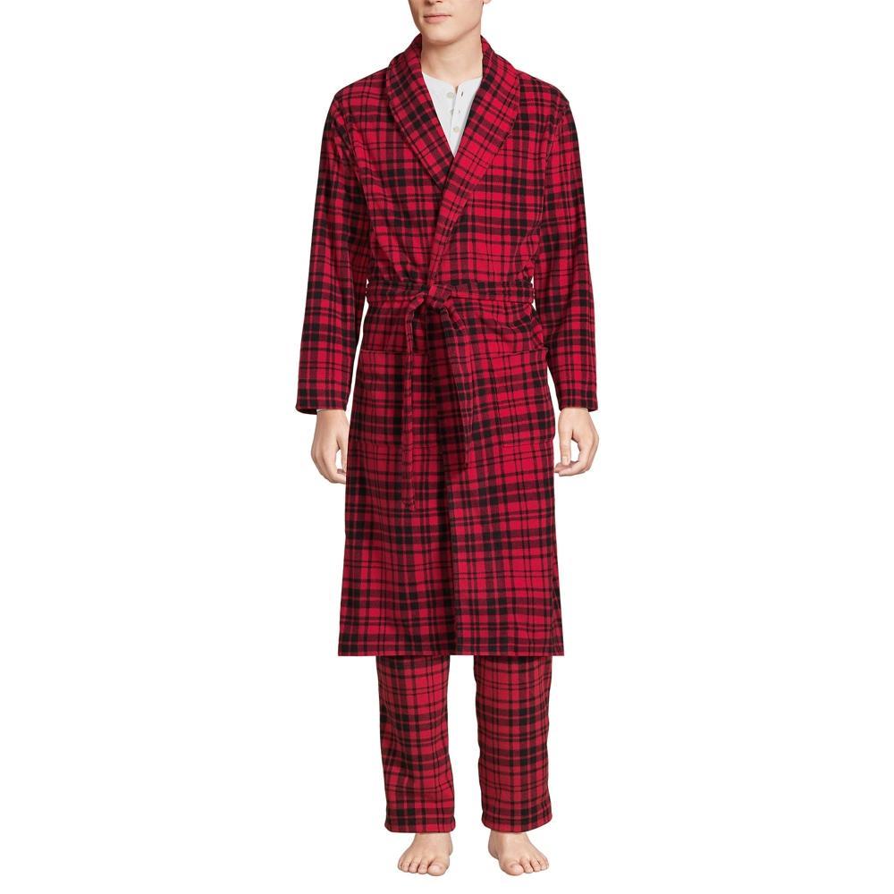 Men's Lands' End Fleece Robe, Size: Medium, Black Rich Red Plaid Product Image