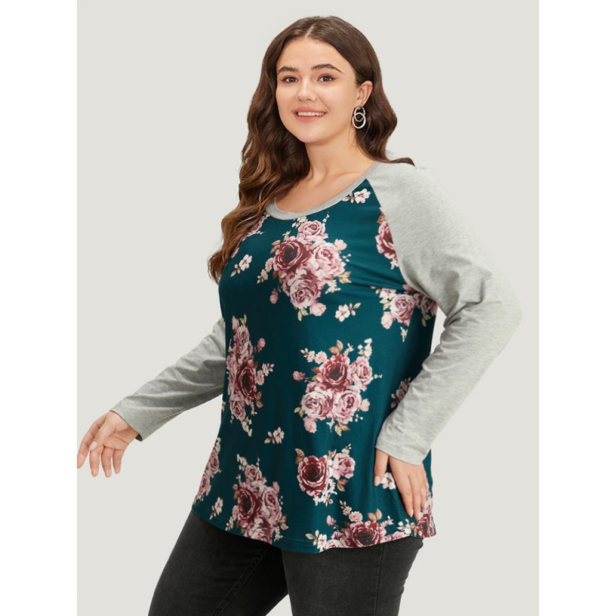 Plus Size Floral Contrast Raglan Sleeve T-shirt Cyan Women Casual Printed Floral Round Neck Everyday T-shirts BloomChic 10/M Product Image