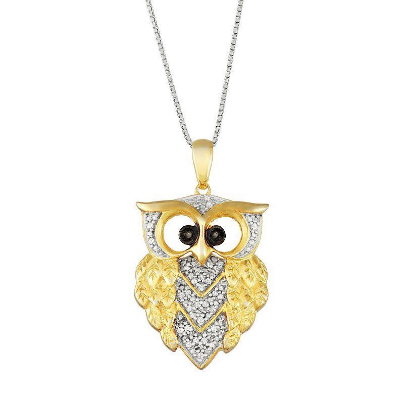 Sterling Silver 1/6 Carat T.W. Black & White Diamond Owl Pendant, Women's, Size: 18" Product Image