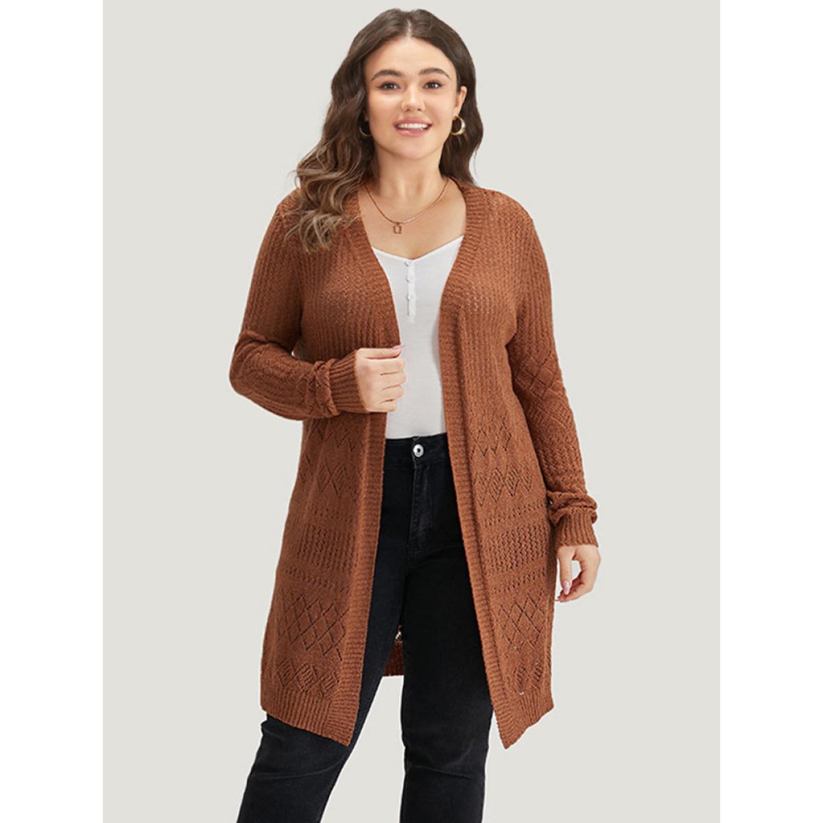 Plus Size Solid Geometric Hollow Out Open Front Cardigan Chocolate Women Casual Long Sleeve Dailywear Cardigans BloomChic 30/6X Product Image