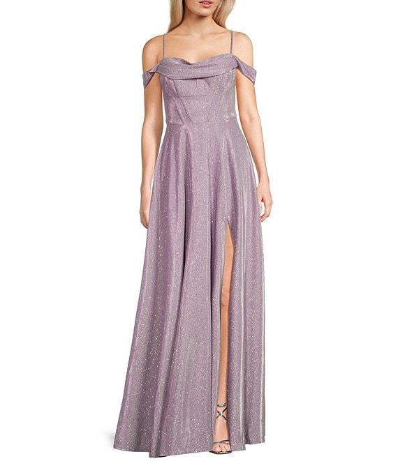 City Vibe Off-The-Shoulder Drape Neck Spaghetti Strap Ballgown Product Image