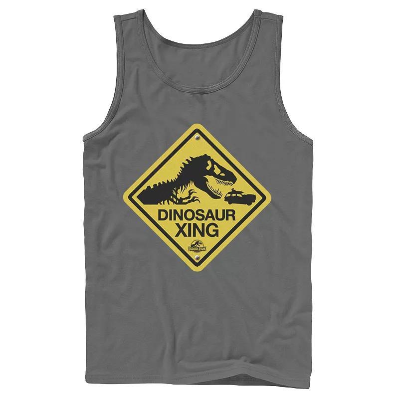 Men's Jurassic Park Dinosaur Crossing Yellow Sign Tank Top, Size: Small, Grey Product Image
