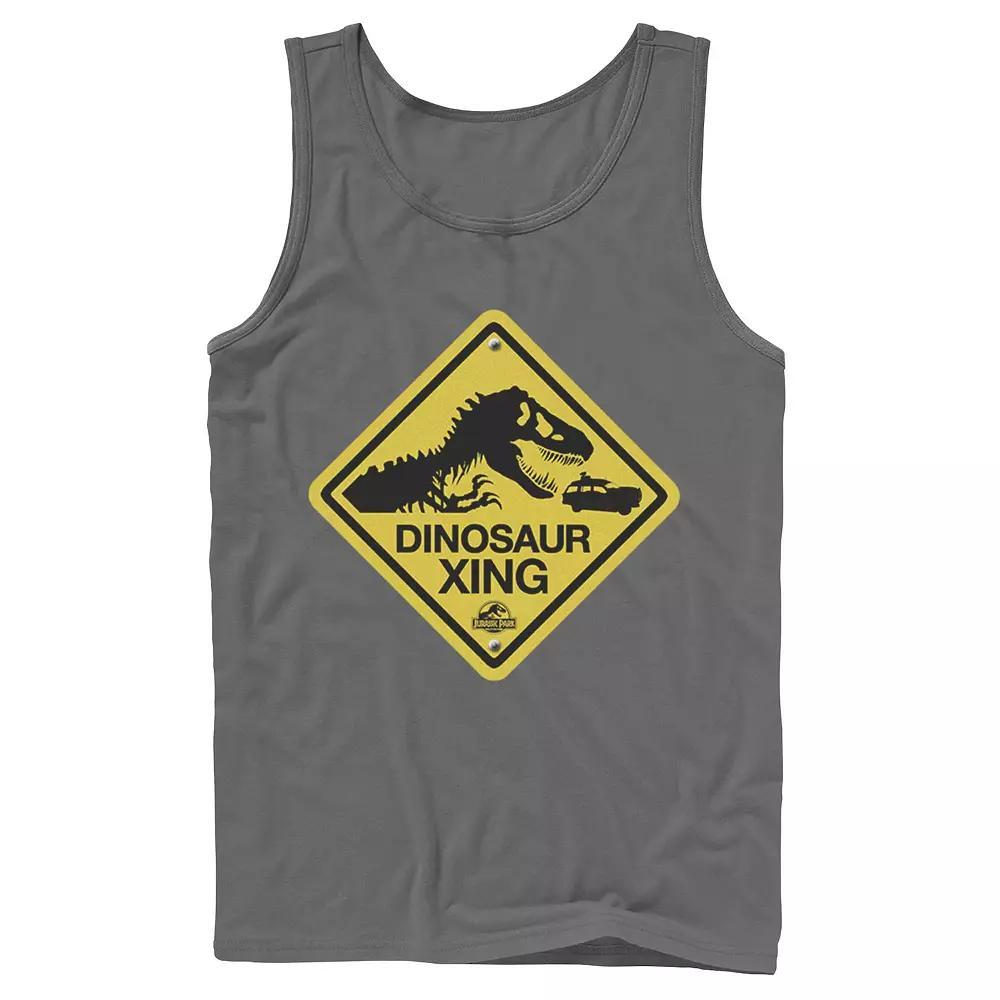 Men's Jurassic Park Dinosaur Crossing Yellow Sign Tank Top, Size: Small, Grey Product Image