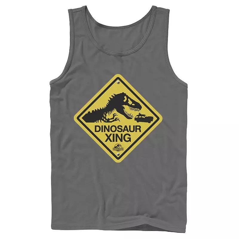Men's Jurassic Park Dinosaur Crossing Yellow Sign Tank Top, Size: Small, Grey Product Image