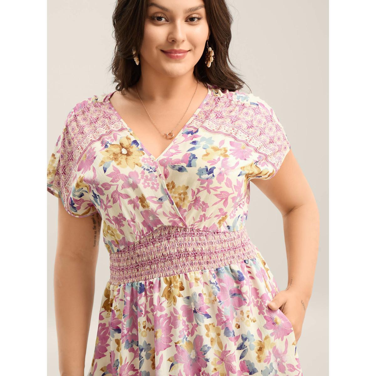 Plus Size Floral Shirred Waist Slit Midi Dress Lilac Women Overlap Collar Short sleeve Curvy BloomChic 22-24/3X Product Image