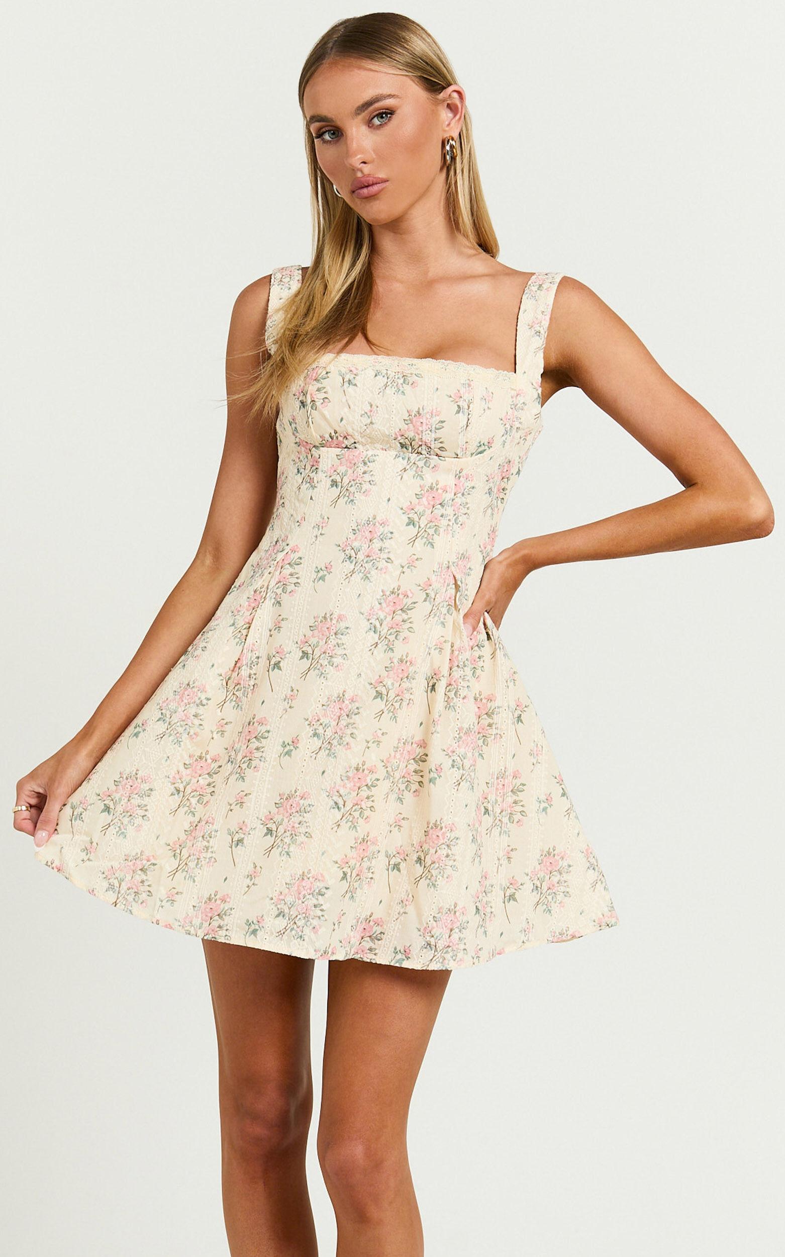 Griza Mini Dress - Square Neck Lace Trim Dress in Ditsy Floral Product Image