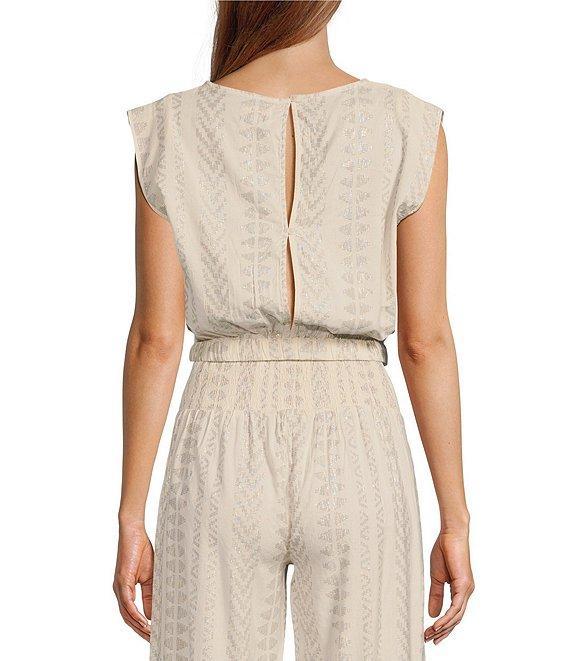 ELAN Coordinating Metallic Arrow Print Crew Neck Cap Sleeve Banded Cropped Top Product Image