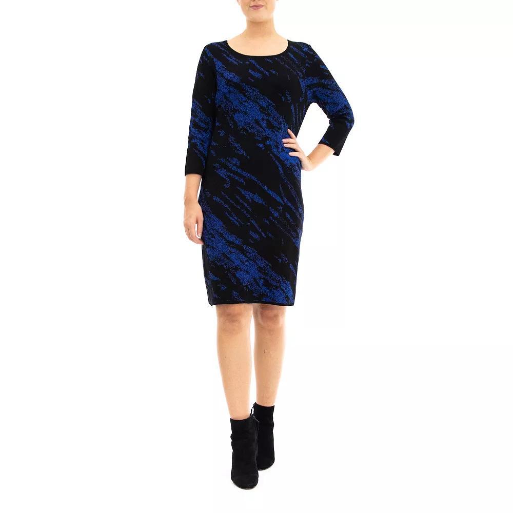 Women's Nina Leonard Three Quarter Jewelneck Sheath Sweater Dress, Size: Small, Black Deep Blue Product Image