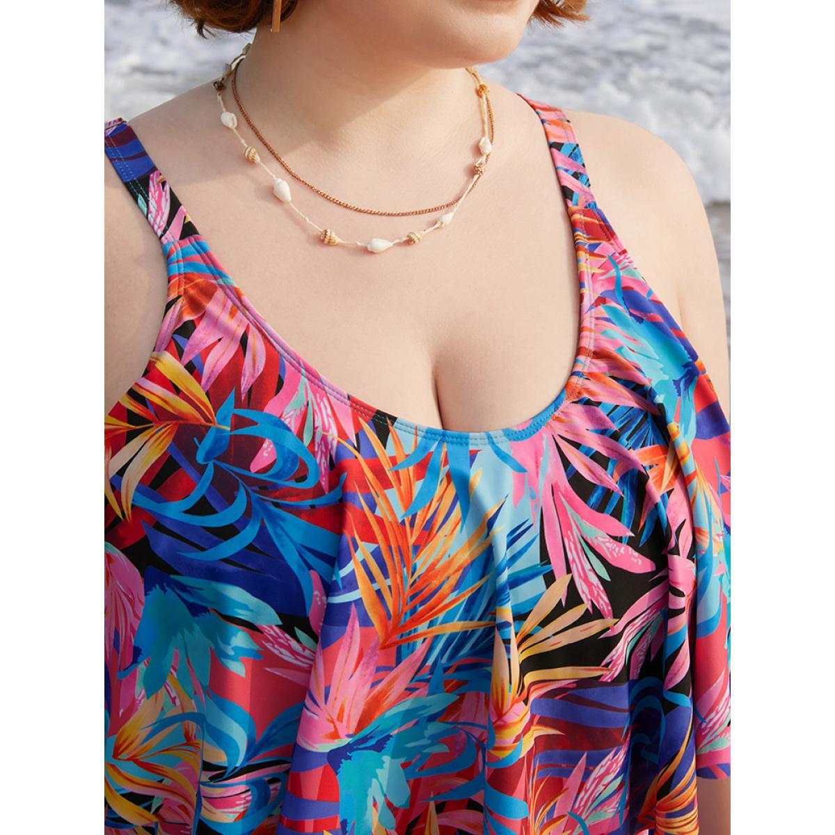 Plus Size Tropical Print Ruffle Tiered Tankini Top Women's Swimwear Multicolor Vacation Adjustable Straps High stretch Bodycon Round Neck Curve Swim Tops BloomChic 28/5X Product Image