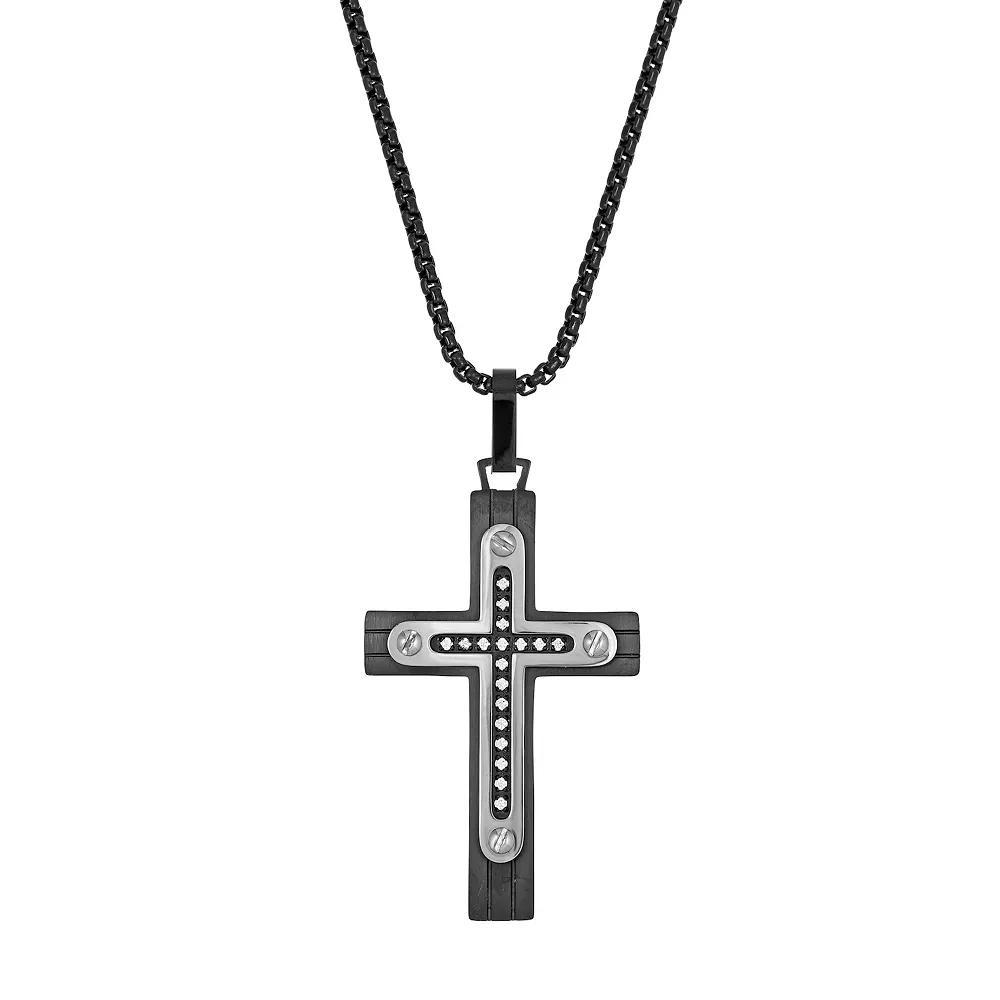 Men's LYNX Black Ion Plated Stainless Steel Cubic Zirconia Cross Pendant Necklace, Size: 24", Two Tone Product Image
