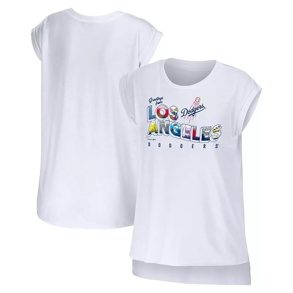 Women's WEAR by Erin Andrews White Los Angeles Dodgers Greetings From T-Shirt, Size: Small Product Image