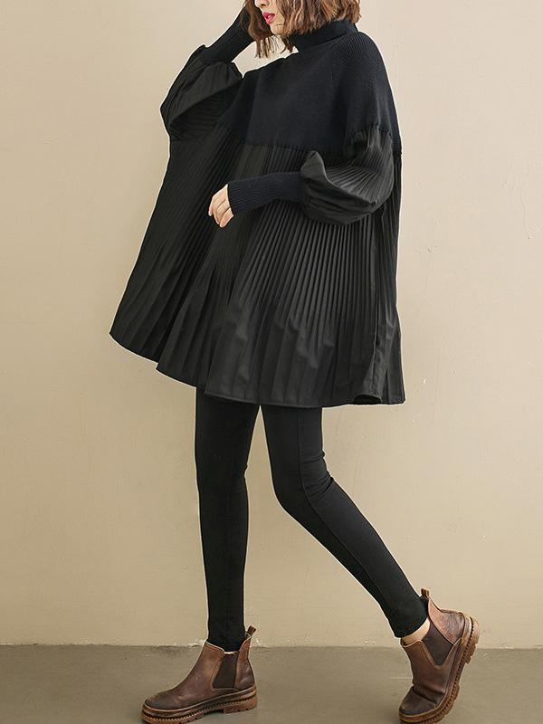 Knitting Pleats Split-Joint High-Neck Pullover Top Product Image