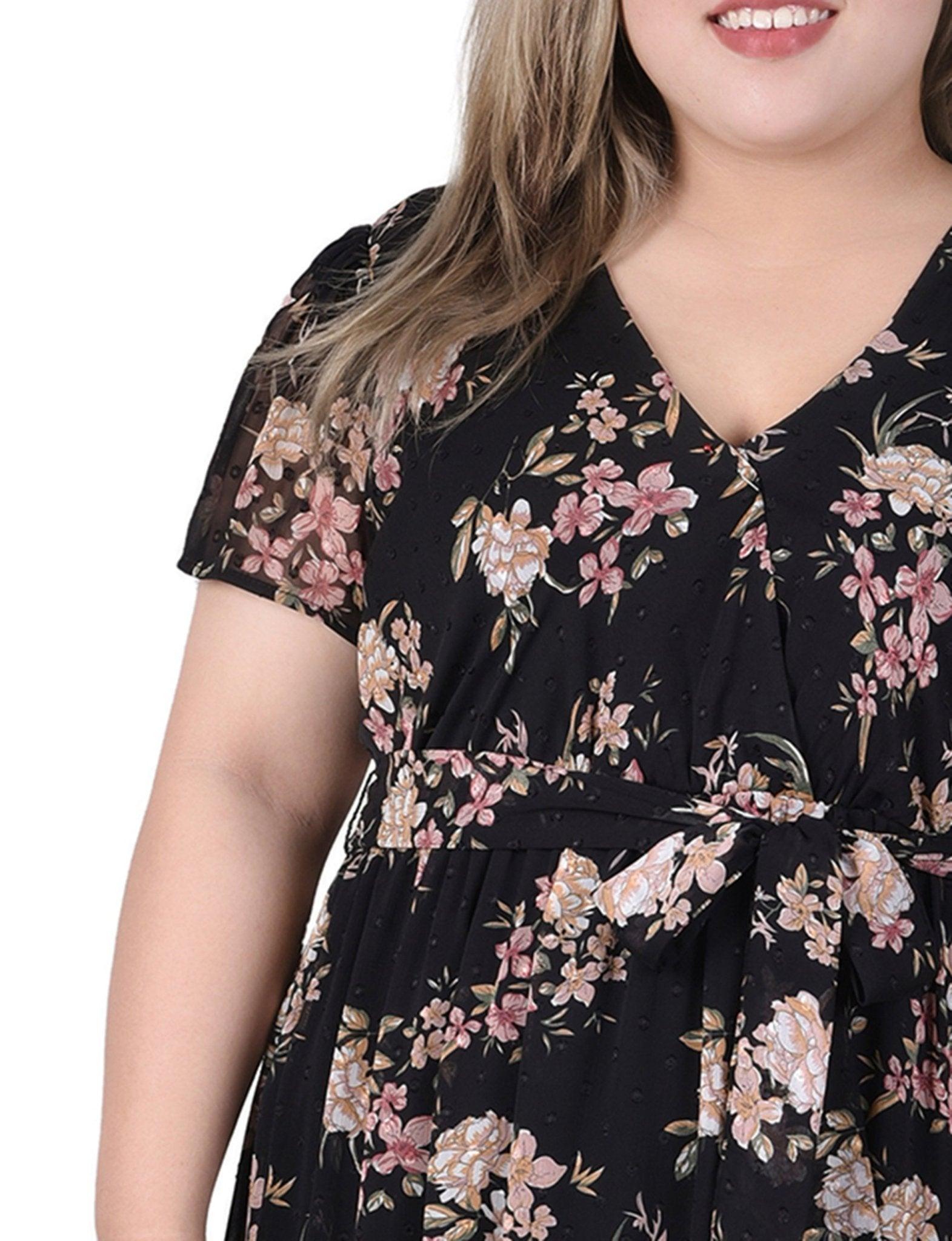 Black Mauve Floral Short Sleeve Hankerchief Hem Chiffon Dress - Plus Product Image