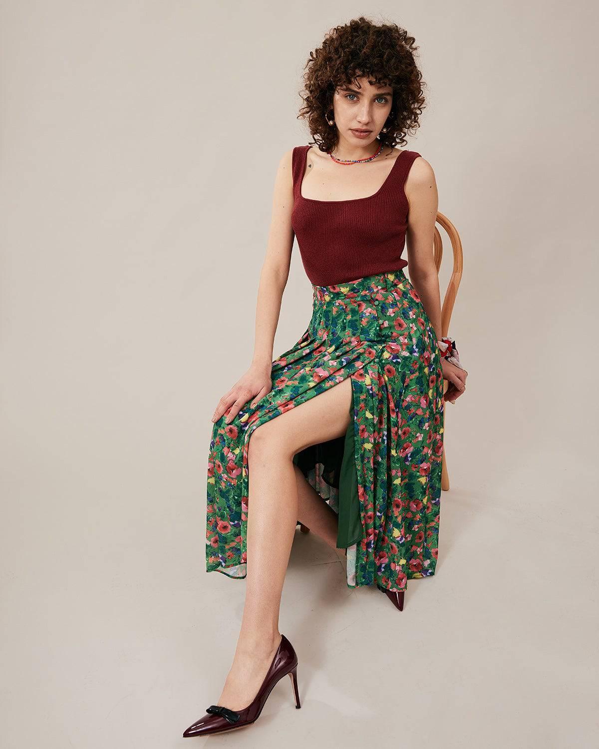 The Green Pleated Floral Skirt Female Product Image