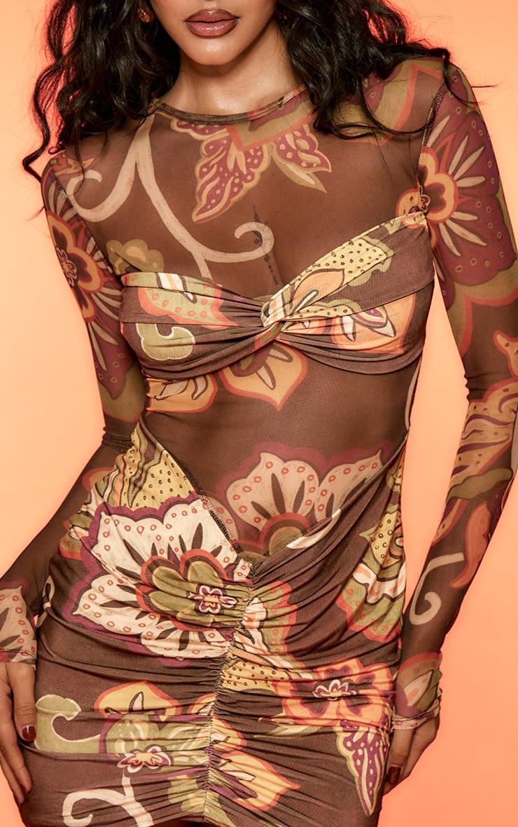 Multi Printed Double Layer Mesh Ruched Detail Bodycon Dress Product Image