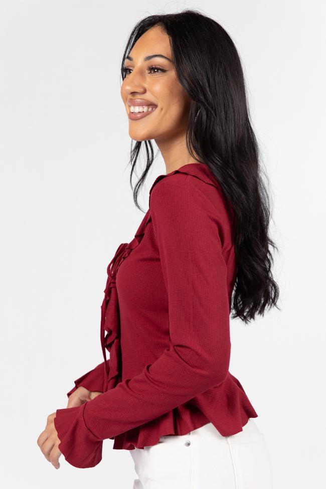 Treat You The Same Wine Ruffle Detail Ribbed Blouse FINAL SALE Product Image