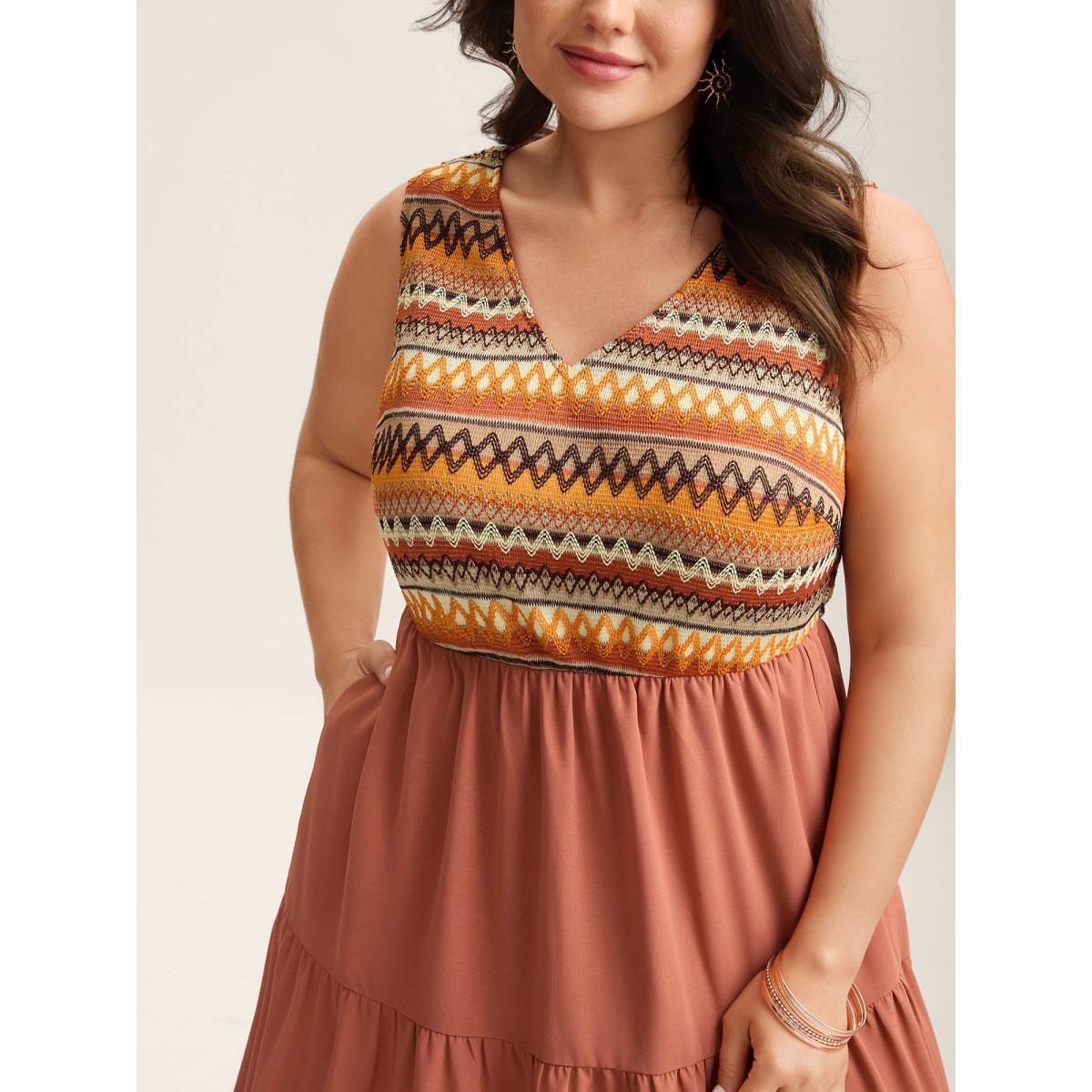 Plus Size Boho Stripes V-Neck Pockets Midi Dress Coral Women V-neck Sleeveless Curvy BloomChic 26/4X Product Image