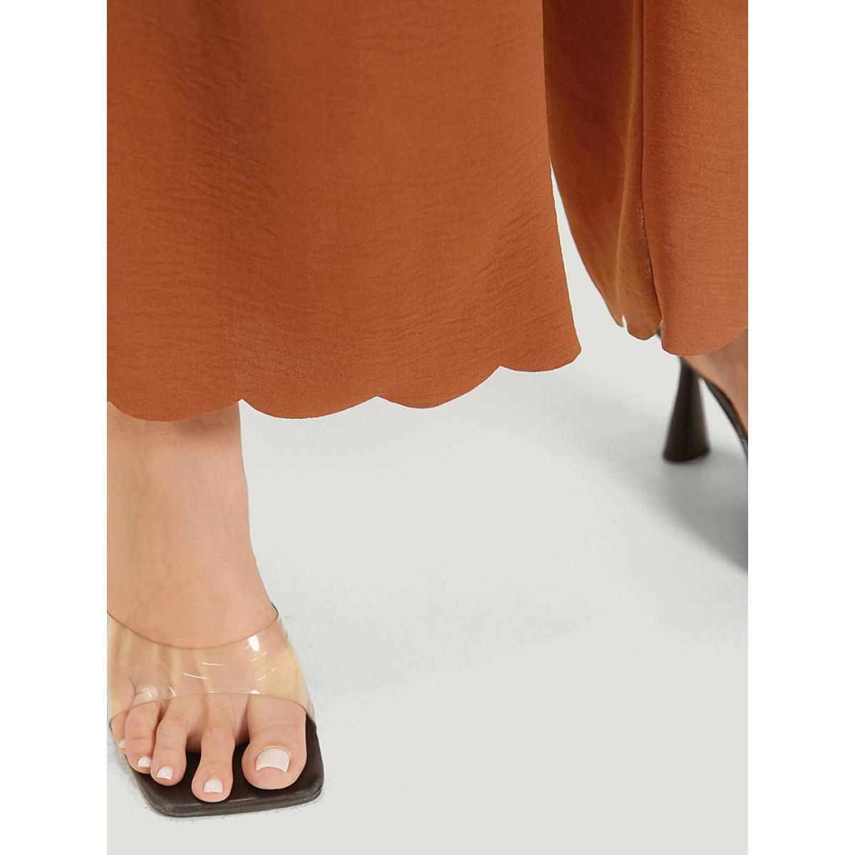 Plus Size Solid Button Detail Ruched Pocket Scalloped Trim Pants Women Rust Elegant Straight Leg High Rise Dailywear Pants BloomChic 26/4X Product Image