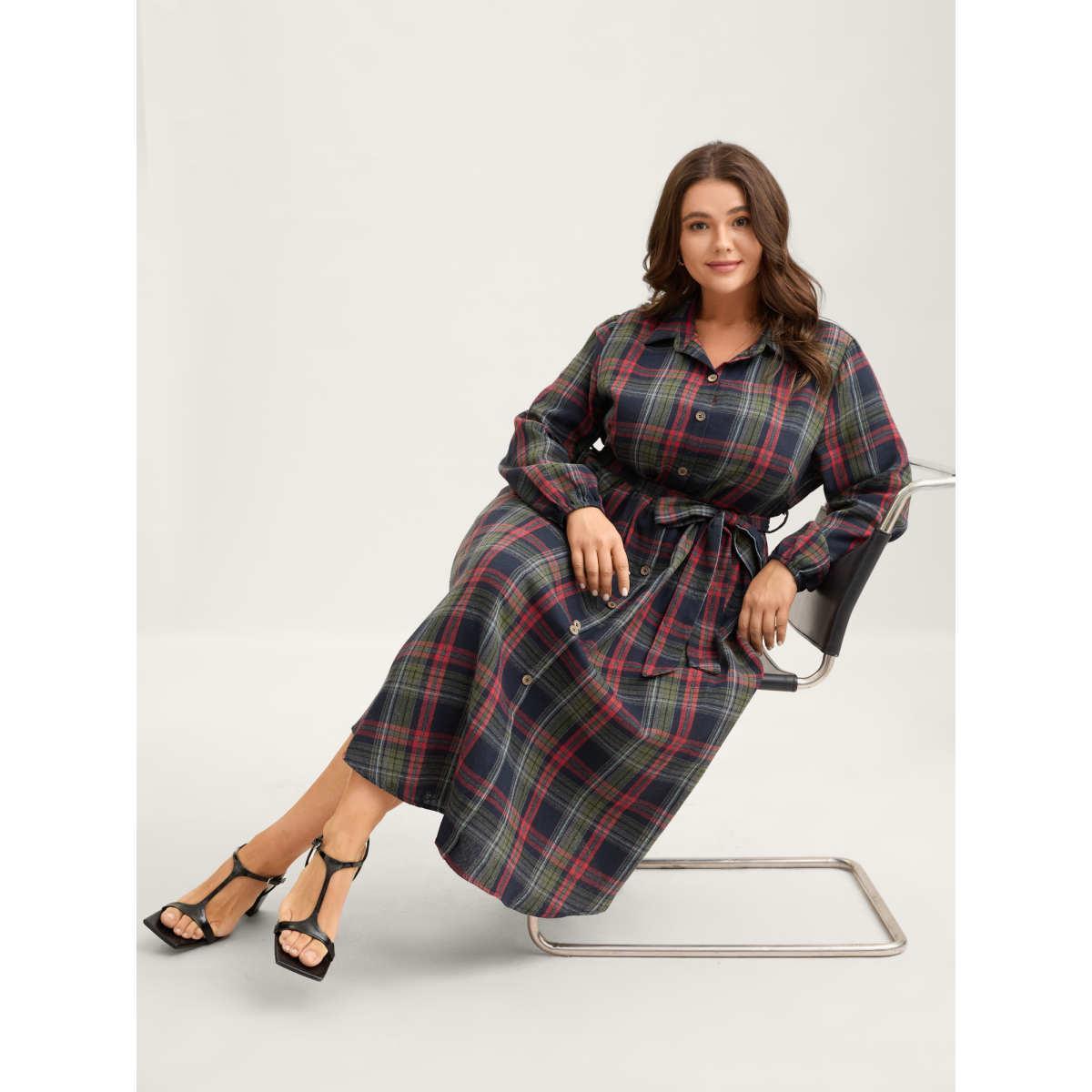 Plus Size Plaid Button Detail Pocket Belted Arc Hem Dress DarkBlue Women Casual Pocket Shirt collar Long Sleeve Curvy Midi Dress BloomChic 18-20/2X Product Image