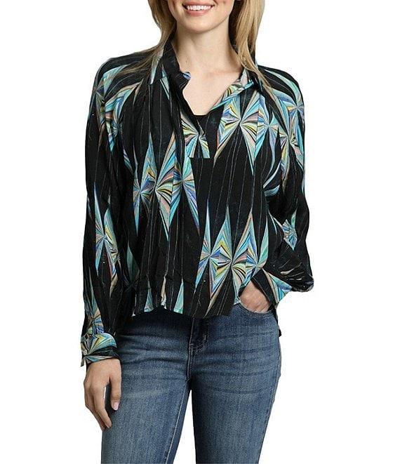 APNY Printed V Neckline Flounce Long Sleeve Blouse Product Image