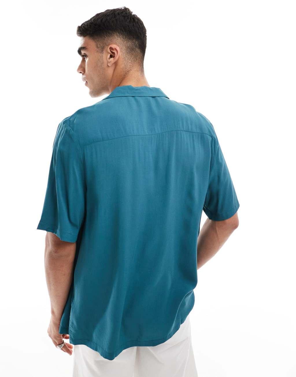 ASOS DESIGN relaxed fit viscose shirt with revere collar in dark teal Product Image