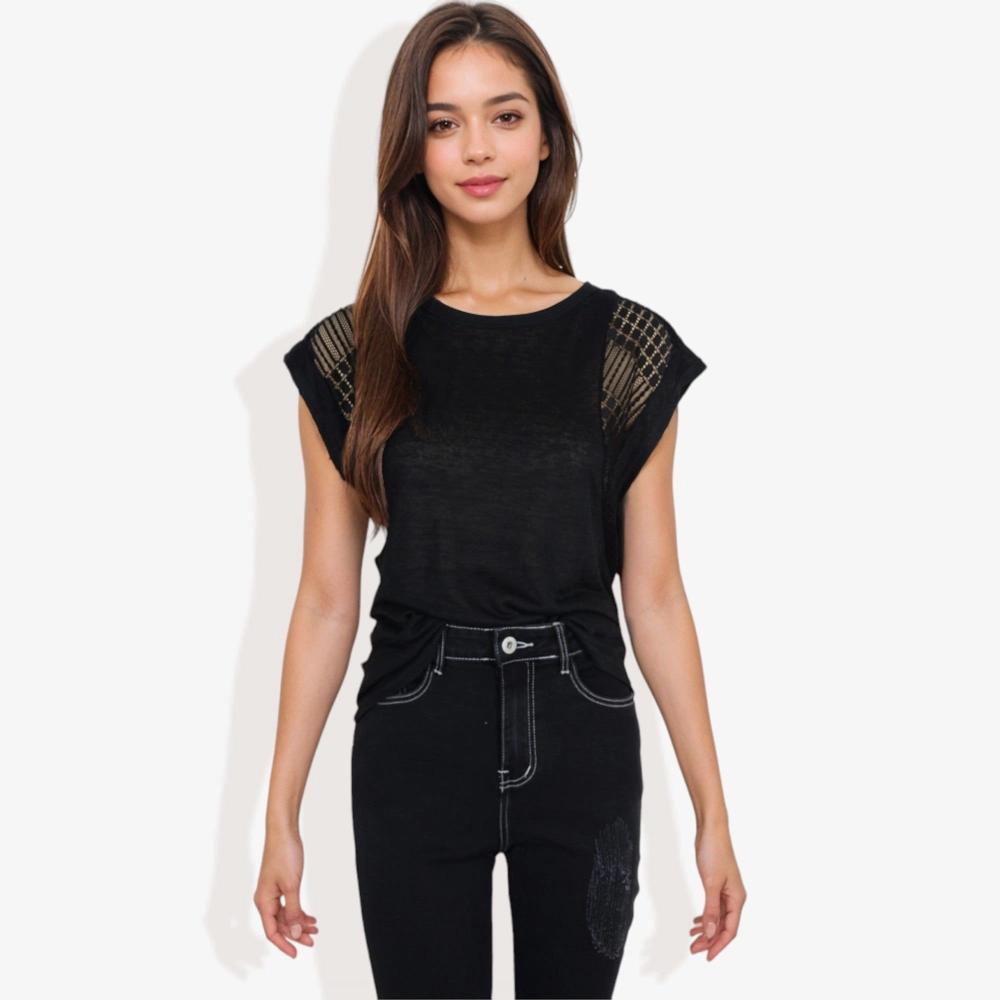 Anna-Kaci Women's Cap Sleeve Knit Top with Sheer Lace Shoulder Detail and Relaxed Fit Casual T-Shirt Product Image