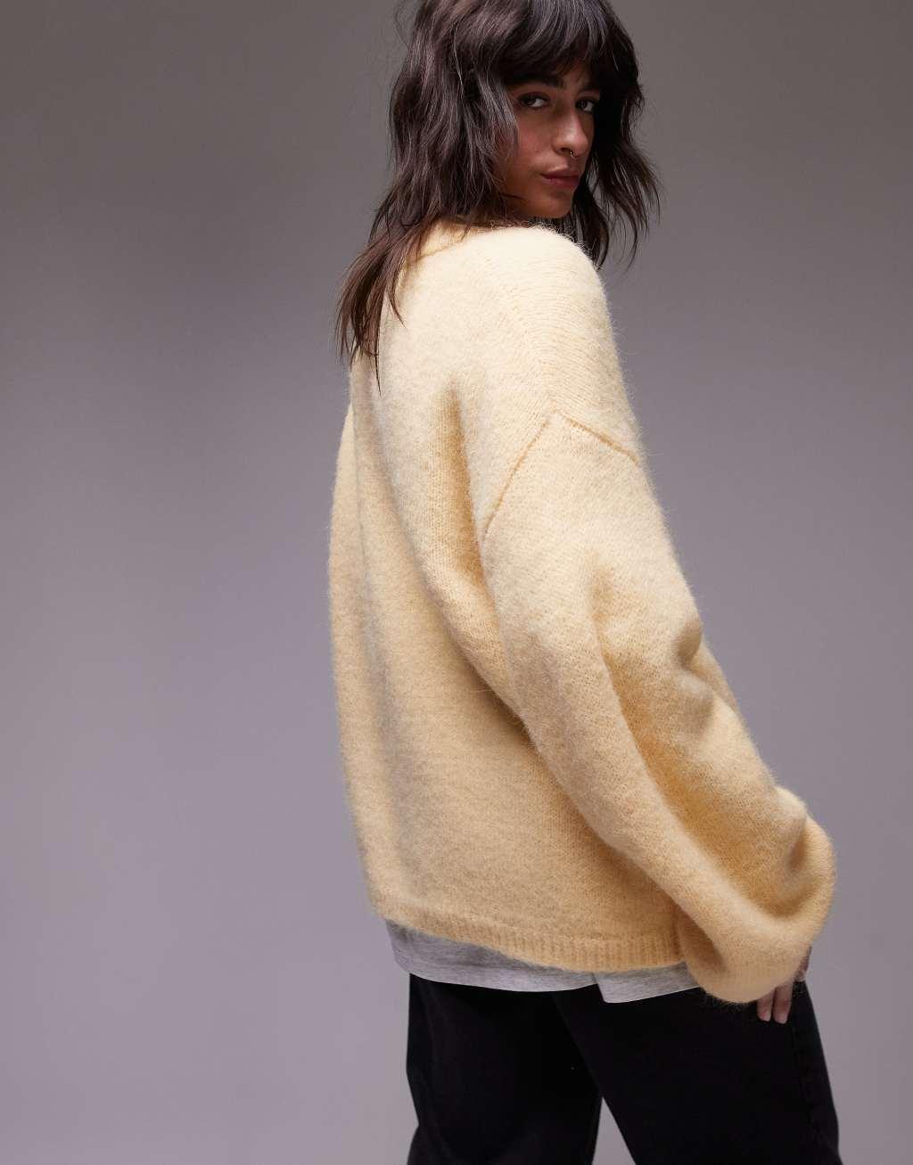 Topshop knitted boxy fluffy crew oversized sweater in buttermilk Product Image