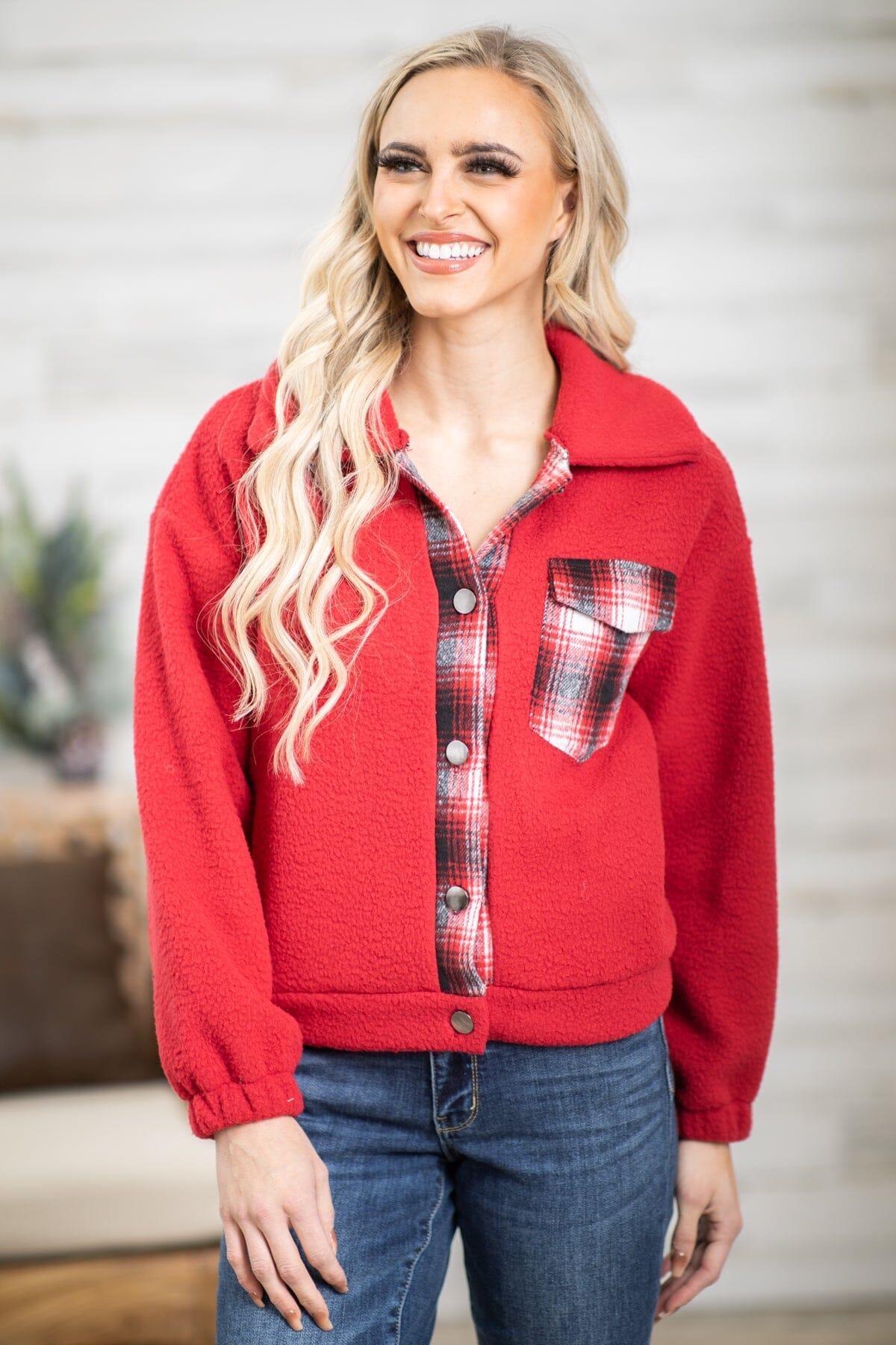 Wine Sherpa Jacket With Plaid Trim Product Image