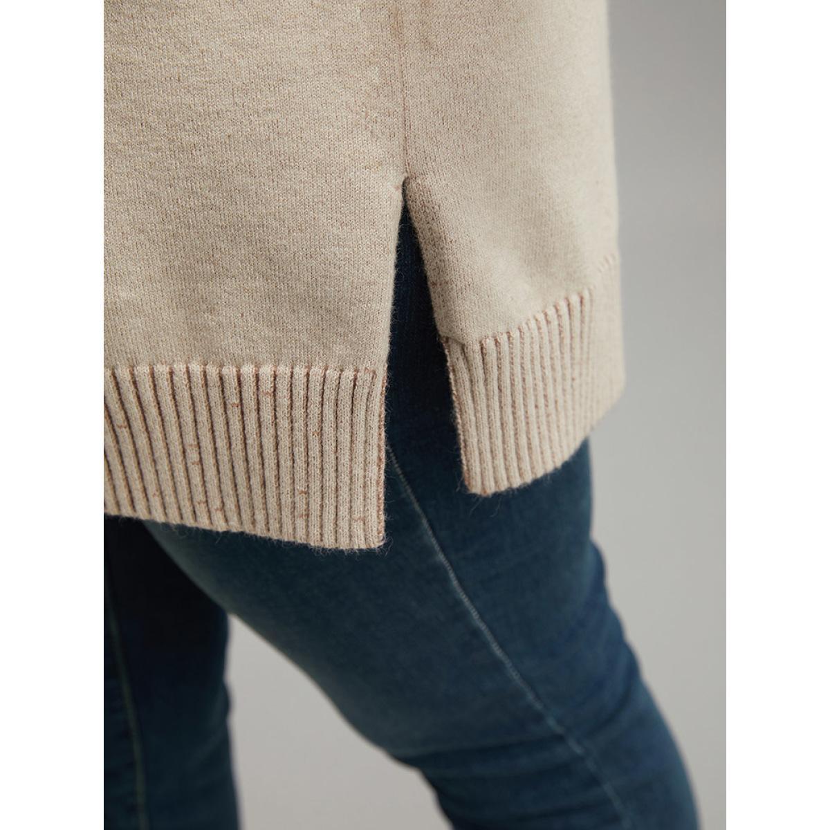 Plus Size Supersoft Essentials Asymmetrical Neck Button Detail Pullover LightBrown Women Casual Loose Long Sleeve Asymmetrical Neck Dailywear Pullovers BloomChic 30/6X Product Image