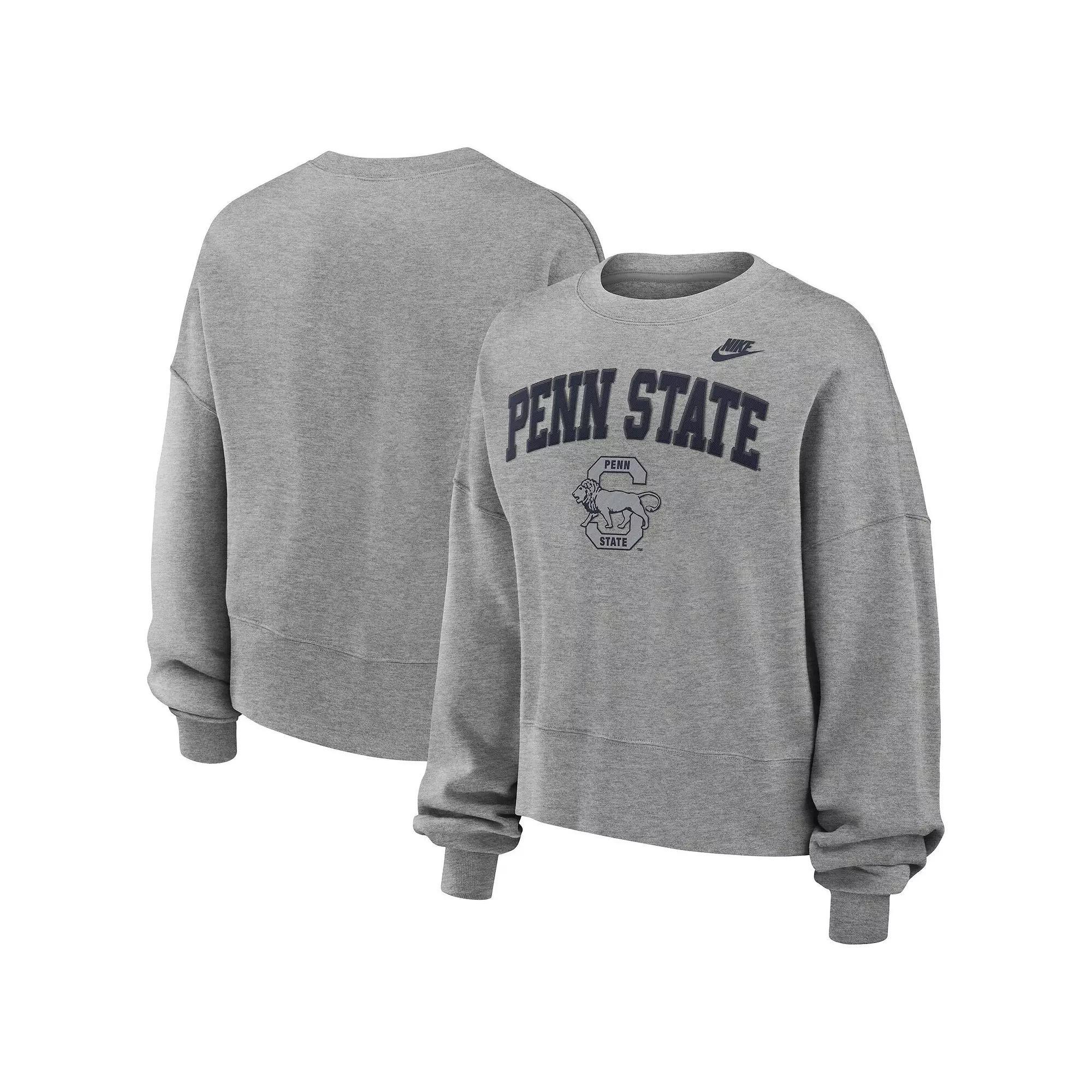 Womens Nike Heather Gray Penn State Nittany Lions Legacy Fleece Classic Arch Oversized Cropped Tackle Twill Sweatshirt Product Image