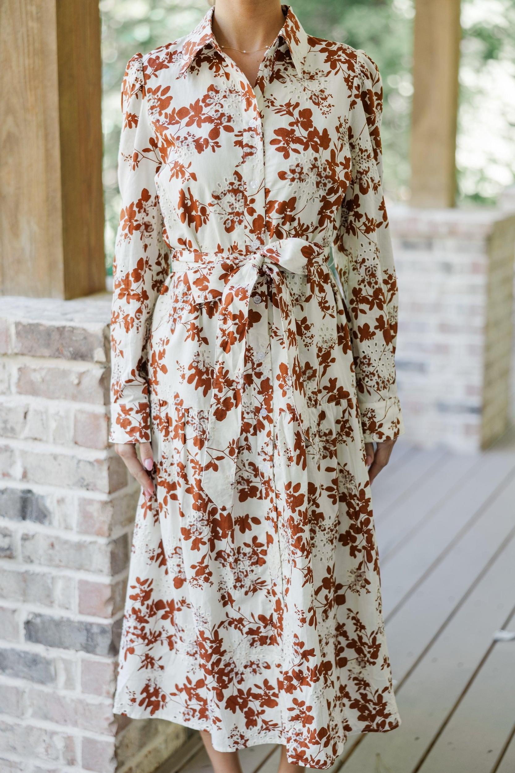 Fate: On Call Ivory/Brown Floral Midi Dress Female Product Image